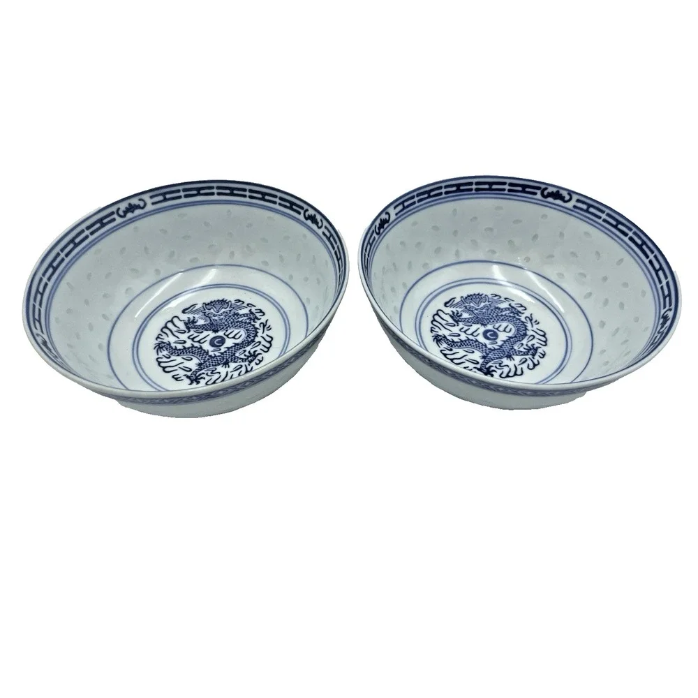 Lot of 2 Vintage Chinese Blue and White Rice‎ Grain Bowls with Dragon 6